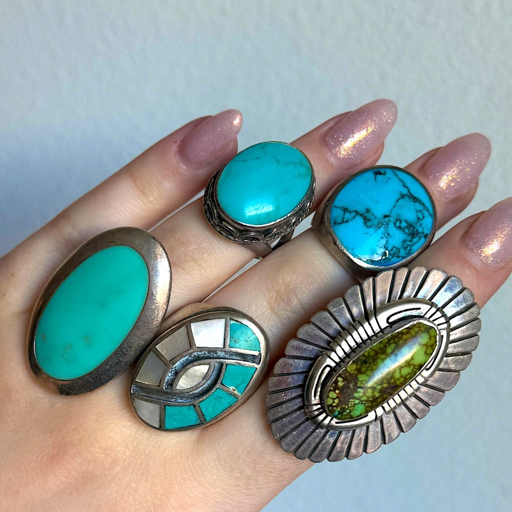 BUNDLE LOT Set of 5 Sterling Silver Turquoise Statement Rings